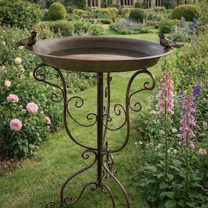 Vaschetta/mangiatoia per uccelli, in metallo, marrone, stile antico, decorazione da giardino
