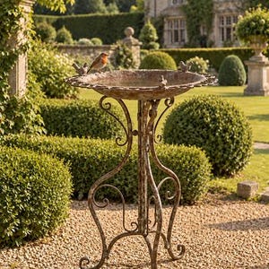 Abreuvoir/mangeoire à oiseaux, en métal gris patiné, décoration de jardin, décoration d'automne, style romantique, mobilier de parc, idée cadeau pour les oiseaux sauvages