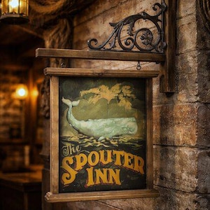Peut inclure: Enseigne en bois pour "The Spouter Inn" avec une illustration de baleine. L'enseigne est encadrée de bois et suspendue à un support en métal décoratif. Le fond de l'enseigne est sombre avec des lettres jaunes.