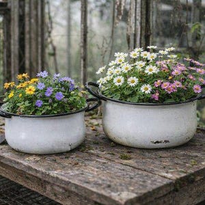 Op de afbeelding: Twee witte emaille potten met zwarte handvatten gevuld met kleurrijke bloemen. Eén pot heeft gele en paarse bloemen, de andere witte en roze madeliefjes. De potten staan op een verweerd houten oppervlak.