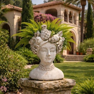Könnte beinhalten: Eine verwitterte Steingartenstatue einer Frauenbüste, verziert mit geformten Früchten und Blättern und gefüllt mit grünen Farnen. Die Statue ist auf einem Steinsockel montiert, vor dem Hintergrund üppigen Grüns und eines stattlichen Gebäudes.