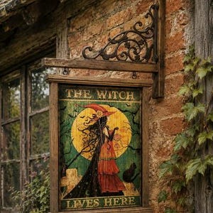 Pub Hängeschild Kneipenschild mit Konsole The Witch lives here Kneipe Holz Gusseisen Antik Stil HEXE  EP-137