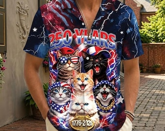 Funny Cat Patriotic Button Shirt, America 250th Anniversary Hawaii Shirt, Patriotic Men Shirt, 4th of July Gift
