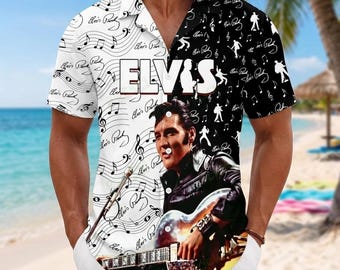 Elvis Presley Hawaiian Shirt, Black And White Elvis Music Button Shirt, Rock And Roll Button Down, King Of Rock Gift For Men, Gift For Him