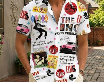 Elvis Presley Button Shirt, King Of Rock Hawaiian Shirt, Button Up Shirt, Rock N Roll Merch, Gift For Elvis Presley Fan