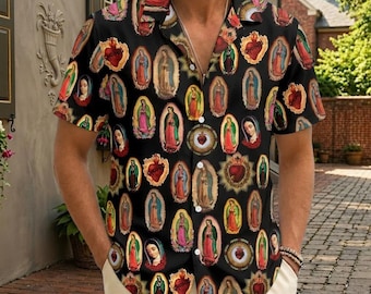 Guadalupe Button Shirt, Virgin Mary Hawaii Shirt, Catholic Christian Button Men Shirt, Our Lady of Guadalupe Shirt, Christian Gift