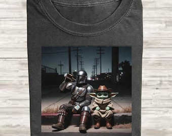 The Mandalorian and Grogu Comfort Colors Shirt, Cowboy Baby Yoda Tee, Star Wars Western Graphic Shirt, Mando Sitting on Curb Gift