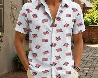 USA Flag Hawaiian Shirt, America Flag Button Shirt, 4th Of July Merica Men Shirt, Red White Blue Button Down Shirt, Gift For Dad