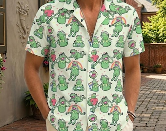 Frog Meme Rainbow Button Shirt, Pride Month Hawaiian Shirt, LGBTQ Men Shirt, Gay Pride Shirt