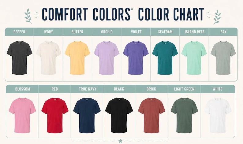 Puede incluir: Una carta de colores Comfort Colors que muestra quince camisetas de manga corta en varios colores s&oacute;lidos, incluyendo pepper, ivory, butter, orchid, violet, seafoam, island reef, bay, blossom, red, true navy, black, brick, light green y white.
