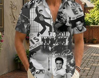 Elvis Presley Hawaiian Shirt, Rock n Roll Guitar Button Shirt, Elvis Signature Aloha Shirt, King of Rock Music Gift, Mens Summer Shirt