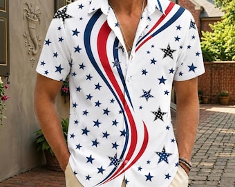 Americana Star Button Shirt, USA Anniversary Hawaiian Shirt, 4th Of July Men Shirt, Independence Day Shirt, Patriotic Red White Blue Gift