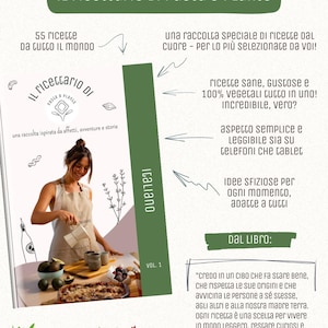 May include: An Italian cookbook, "Il Ricettario di Pasta & Plants", with 55 recipes. The cover displays a woman preparing food, with avocados and other ingredients visible. The book promises healthy, tasty, and 100% vegan recipes, suitable for tablets and phones.