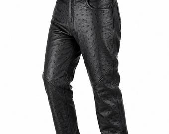 Men's Black Ostrich Leather Pants | Slim Fit Biker Style Trousers