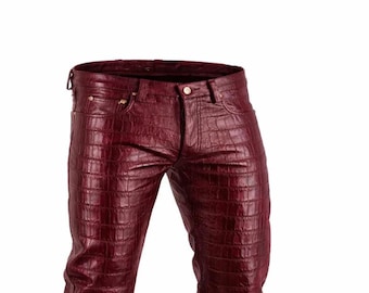 Burgunder Krokodilmuster Herrenlederhose: Hoch taillierte Slim Fit Streetwear Burgundy 28 bis 50