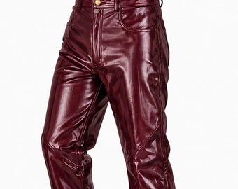 Handgemaakte bordeauxrode hoogglanzende leren broek: slim-fit herenjeans zwart 28 tot 50