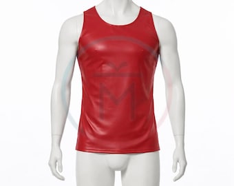 Camiseta sin mangas de cuero genuino rojo para hombre - Camiseta sin mangas con estilo