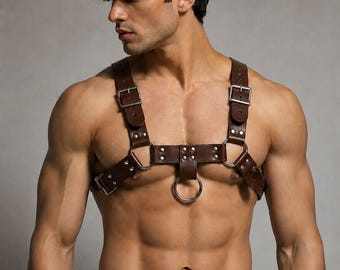 Men’s Brown Leather Bulldog Chest Harness Gift for Him