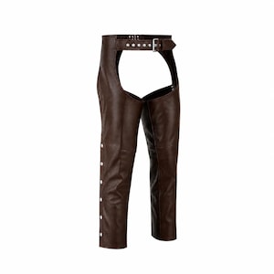 May include: Dark brown leather chaps featuring a waist belt with a silver-toned metal buckle and a row of silver-toned metal snaps running down the outer side of each leg. The garment has an open-seat design with a high-waisted construction.