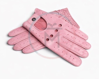 May include: A pair of light pink leather driving gloves featuring perforated detailing on the fingers and back of the hand, a circular cutout at the knuckle, and a small snap button closure at the wrist. The gloves have a smooth finish.
