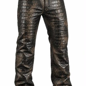 May include: Dark brown trousers featuring a textured crocodile skin pattern throughout. These pants include a standard waistband with belt loops, a front button closure, and classic five-pocket styling with metal rivets on the front pockets.