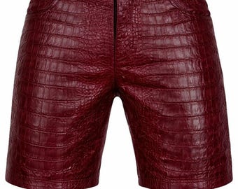 Pantaloncini da uomo in pelle bordeaux con stampa coccodrillo: vita alta, vestibilità slim, streetwear, neri, taglie dalla 28 alla 50.