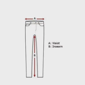 Op de afbeelding: Lijntekening van een broek met gemarkeerde afmetingen. De taille wordt aangegeven met een horizontale pijl met het label "A". De binnenbeenlengte wordt aangegeven met een verticale pijl met het label "B". De tekst "A: Taille B: Binnenbeenlengte" staat rechts van de broek.