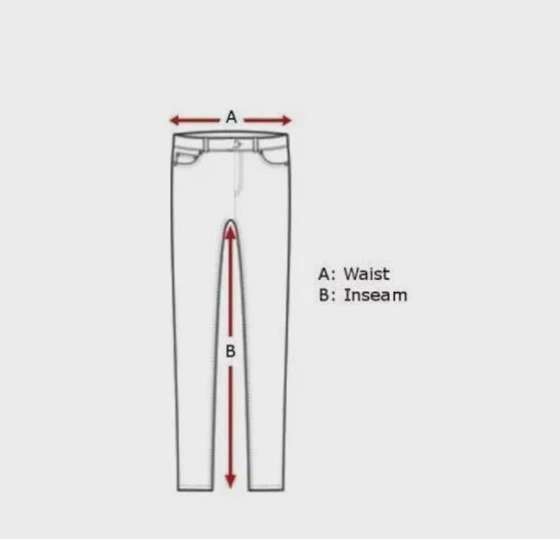 Op de afbeelding: Lijntekening van een broek met gemarkeerde afmetingen. De taille wordt aangegeven met een horizontale pijl met het label "A". De binnenbeenlengte wordt aangegeven met een verticale pijl met het label "B". De tekst "A: Taille B: Binnenbeenlengte" staat rechts van de broek.