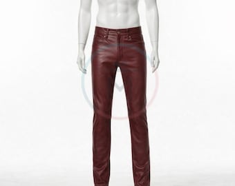 Handgemaakte bordeauxrode rundleren broek: herenjeans bordeauxrood 28 tot 50