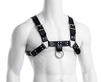 Men’s Black Leather Bulldog Chest Harness Gift for Him
