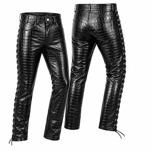 Pantalones de piel con estampado de cocodrilo negro: estilo urbano de talle alto y corte ajustado con cordones laterales.
