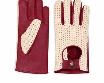 Classic Burgundy Leather and Cream Crochet Driving Gloves | Men's Vintage Style Motoring Gauntlets |Unlined Race Gloves Gift For Him XS&2XL
