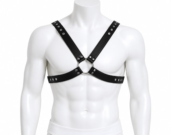 Men’s Black Leather Cross Chest Harness Gift for Him
