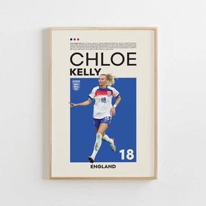 May include: A framed poster of Chloe Kelly, an English footballer. The poster features her name in large black text, the number 18, and the word "ENGLAND". The background is a combination of blue and beige.