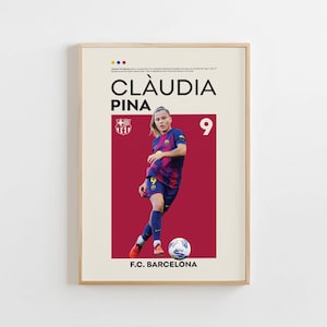 Puede incluir: Un póster enmarcado con una jugadora de fútbol con uniforme azul y granate, con el número 9. El póster incluye el texto "CLÀUDIA PINA" y "F.C. BARCELONA". Un balón de fútbol está a los pies de la jugadora.