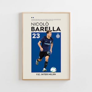 Pode incluir: Um pôster emoldurado com o jogador de futebol Nicolò Barella em uniforme azul e preto, com o número 23. O pôster tem um fundo azul com o texto "NICOLÒ BARELLA" e "F.C. INTER MILAN". Uma bola de futebol na parte inferior.