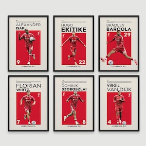 May include: A set of six framed posters featuring Liverpool F.C. players Alexander Isak, Hugo Ekitike, Bradley Barcola, Florian Wirtz, Dominik Szoboszlai, and Virgil van Dijk, each wearing a red kit against a red background with their name and number.