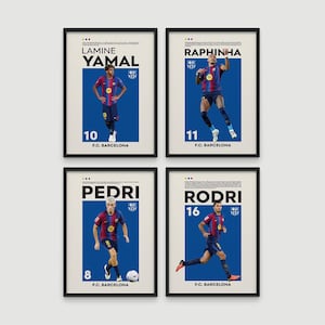 May include: A set of four framed posters featuring FC Barcelona soccer players Lamine Yamal, Raphinha, Pedri, and Rodri. Each print displays the player's name, jersey number, the team crest, and a full-body action shot in the team's blue and red kit.