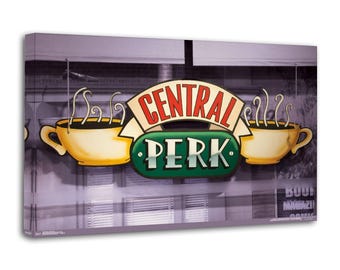 May include: A canvas print of the Central Perk sign from the TV show Friends. The sign features a green oval with the word "PERK" and a banner with "CENTRAL" in red. Two yellow coffee cups with steam are on either side.