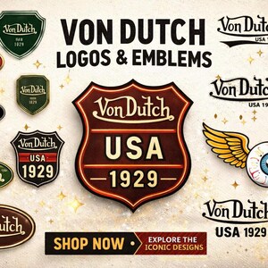 Pu&ograve; includere: Una collezione di loghi ed emblemi Von Dutch in varie forme e colori. I disegni includono scudi, ovali e un occhio alato, con il testo "Von Dutch USA 1929". Lo sfondo &egrave; dorato e marrone.