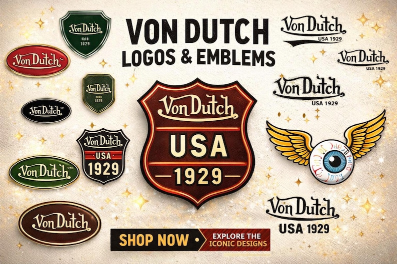 Pu&ograve; includere: Una collezione di loghi ed emblemi Von Dutch in varie forme e colori. I disegni includono scudi, ovali e un occhio alato, con il testo "Von Dutch USA 1929". Lo sfondo &egrave; dorato e marrone.
