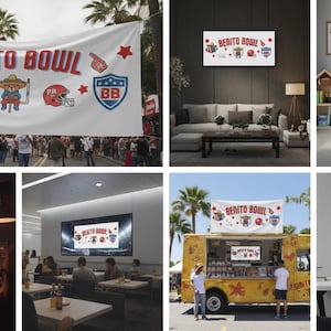 Benito Bowl Spieltag Banner Vorlage | Bearbeitbares Canva Banner | Fußball-Uhr-Party-Dekor | Touchdown Party Hintergrund | Lateinisches Thema Dekor