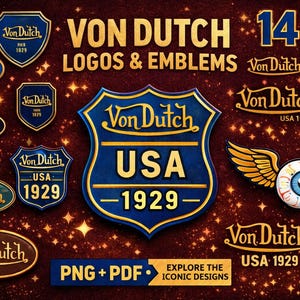 Pu&ograve; includere: Una collezione di loghi ed emblemi Von Dutch in varie forme, tra cui scudi e ovali. I disegni presentano colori blu e oro con la scritta "Von Dutch USA 1929". L'immagine include anche il testo "PNG + PDF".