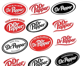 Pacchetto di 13 loghi PNG Dr Pepper, logo PNG retrò per bibite gassate, bevanda vintage SVG, clipart vettoriali a strati, file di taglio trasparente, design per maglietta Cricut
