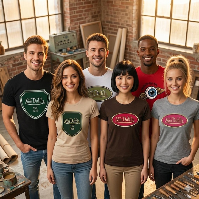 Pu&ograve; includere: Gruppo di persone che indossano magliette Von Dutch in vari colori, tra cui nero, bianco, beige, marrone e grigio. Ogni maglietta presenta il logo Von Dutch in diversi design. Lo sfondo include un muro di mattoni e strumenti da officina.