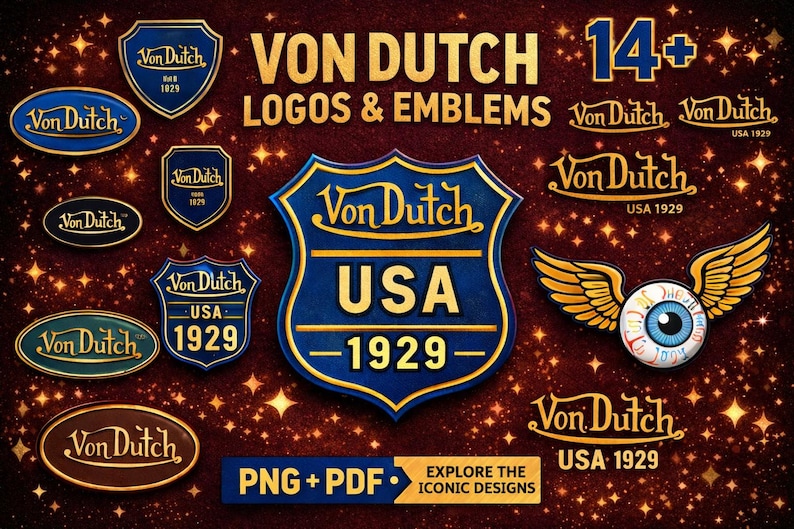 Pu&ograve; includere: Una collezione di loghi ed emblemi Von Dutch in varie forme, tra cui scudi e ovali. I disegni presentano colori blu e oro con la scritta "Von Dutch USA 1929". L'immagine include anche il testo "PNG + PDF".