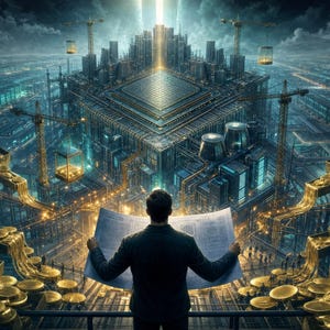 May include: A digital illustration showing a person in a dark suit holding a large blueprint, overlooking a sprawling industrial complex with a central metallic structure, construction cranes, and golden coins flowing along elevated tracks.