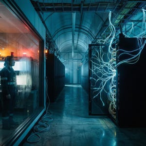 May include: A server room featuring rows of black server racks with glowing blue fiber optic cables extending outward. A person stands inside a glass-enclosed control room to the left, illuminated by computer monitors and red and yellow warning lights.