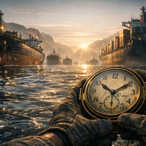 May include: A vintage pocket watch held in gloved hands, with a backdrop of cargo ships on the water at sunset. The watch face displays the time and the text "10 days". The scene evokes themes of travel and time.