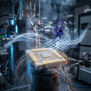May include: A gold-colored microchip with numerous wires is the focal point of this image, set against a backdrop of complex scientific equipment. The scene is illuminated with blue and white light, with abstract, glowing shapes and shattered glass-like elements.
